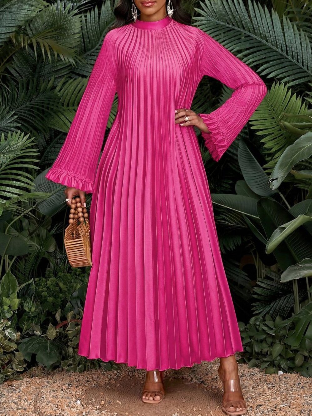 Hot Pink Casual Women's Plus Size Long Sleeve Pleated Maxi Dress - Picture 3 of 6